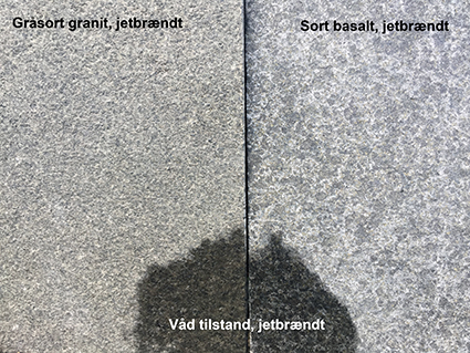 Sort basalt og gråsort granit i våd og tør tilstand